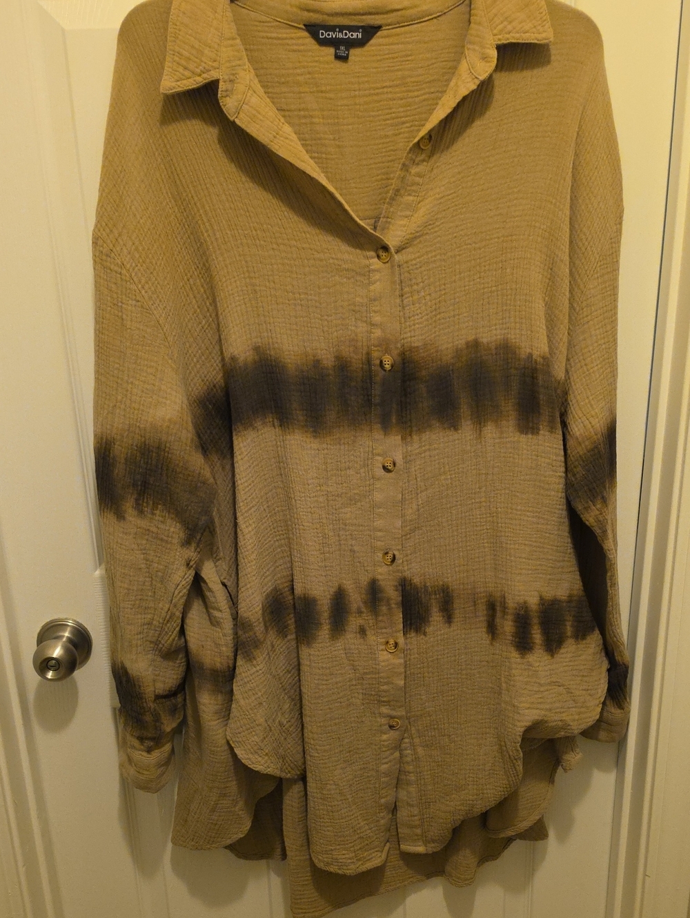DAVI & DANI Tan Button-Down Shirt with Bro Tie-Dye Bands